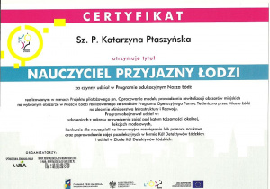 certyfikat Nauczyciel Przyjazny Łodzi K Ptaszyńska